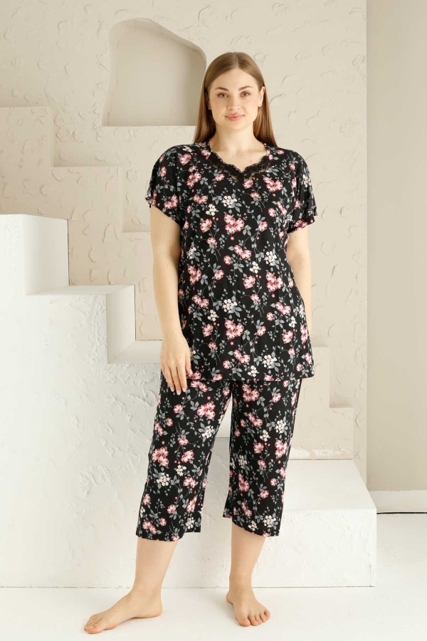 Bahar Dalı Siyah BATTAL Bermuda Bayan Pijama Takımı 