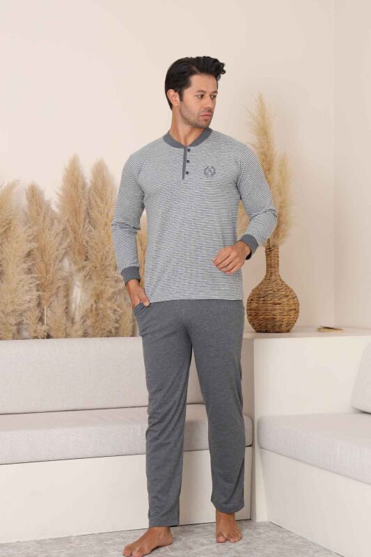 Erkek Pijama Takımı - Gri Çizgili Arma Nakışlı Likralı Uzun Kollu Penye