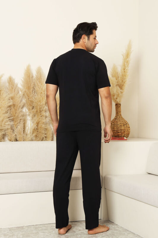 Erkek Pijama Takımı - Siyah Arma Nakışlı Likralı Kısa Kollu Penye