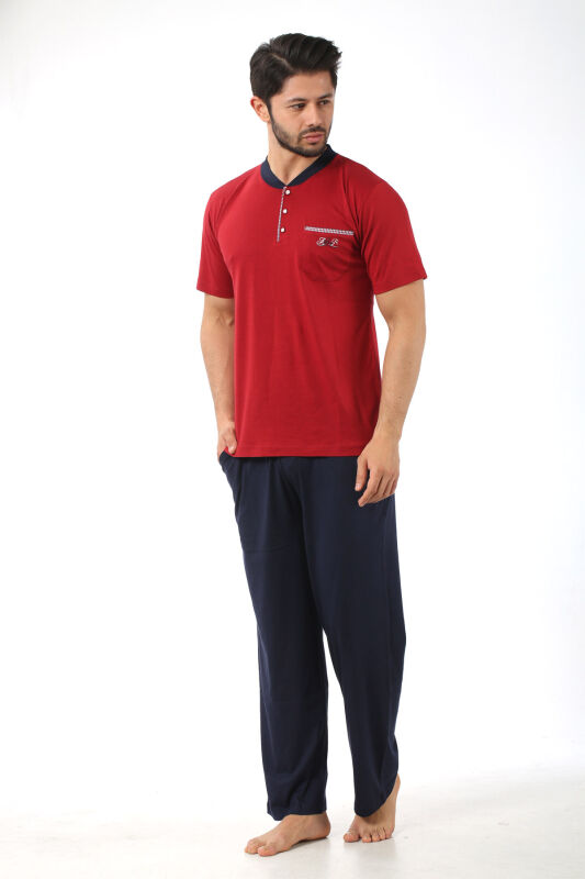 Erkek Pijama Takımı - Bordo Arma Nakışlı Likralı Kısa Kollu Penye 