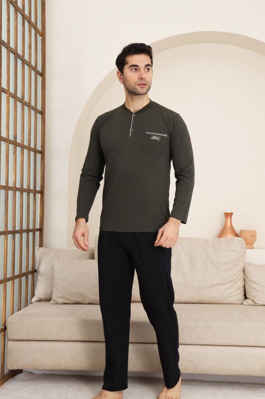 Erkek Pijama Takımı - Haki Arma Nakışlı Likralı Uzun Kollu Penye