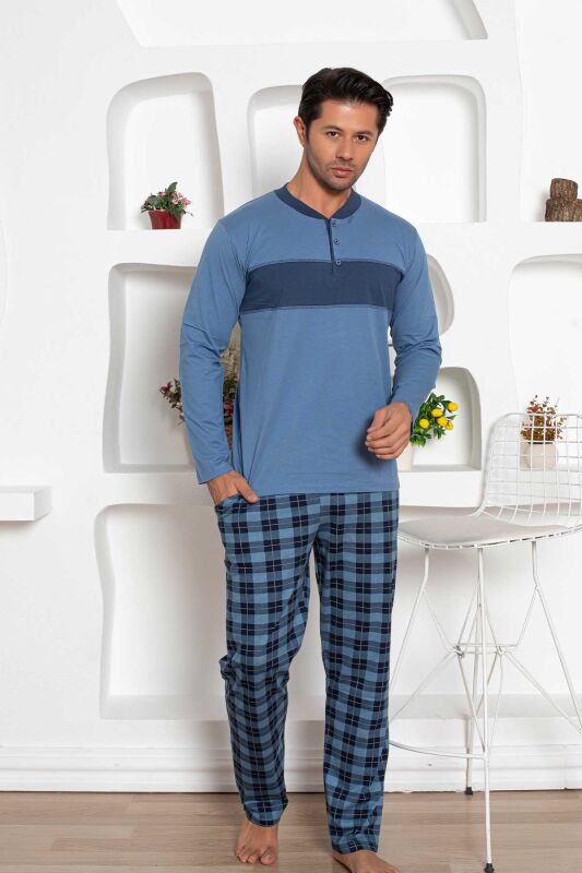 Ekoseli Erkek Pijama Takımı - İndigo Uzun Kollu Penye