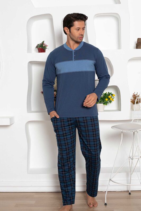 Ekoseli Erkek Pijama Takımı - Lacivert Uzun Kollu Penye 