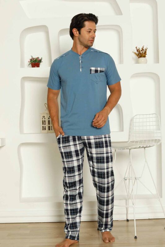 İndigo Kareli Kısa Kollu Erkek Pijama Takımı 