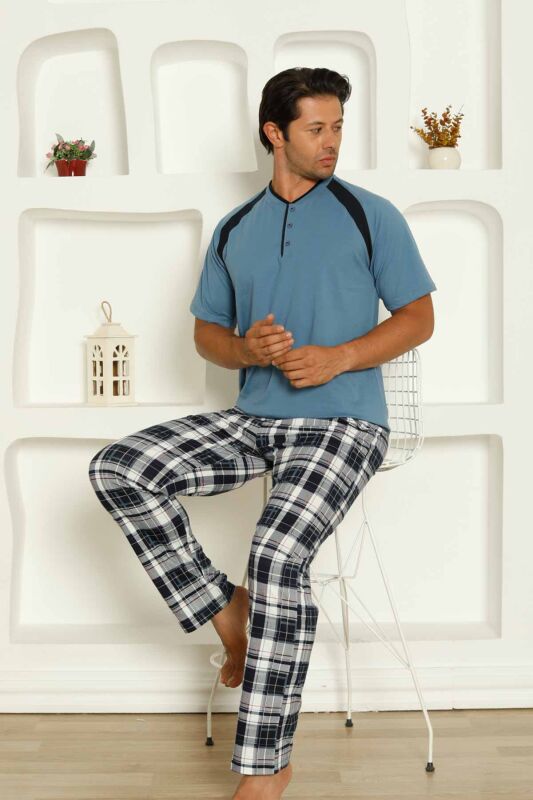 İndigo Kareli Kısa Kollu Erkek Pijama Takımı 