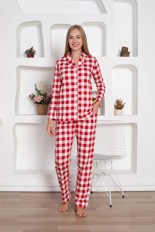 Ekoseli Önden Düğmeli Kadın Pijama Takımı - Kırmızı Uzun Kollu Penye